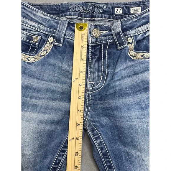 Miss Me Jeans Women 27 Blue MP7299S Mid-Rise Skinny Embellished Flap Pocket - Picture 9 of 16